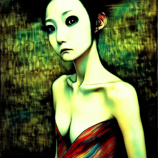 Prompt: yoshitaka amano blurred and dreamy realistic three quarter angle portrait of a woman with weird makeup and black eyes wearing dress suit with tie, junji ito abstract patterns in the background, satoshi kon anime, noisy film grain effect, highly detailed, renaissance oil painting, weird portrait angle, blurred lost edges