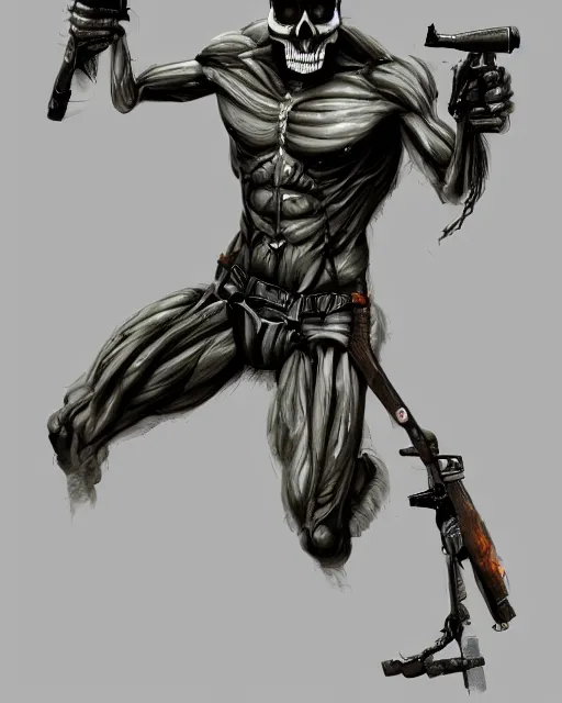 Prompt: rambo exposed to radiation and became skeleton, full body, concept art, high detailed, fine art, trending on artstation, smooth draw, sharp focus.