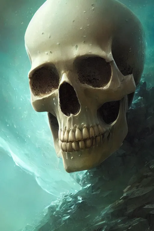 Image similar to atlantis skull, close - up portrait, powerfull, intricate, elegant, volumetric lighting, scenery, digital painting, highly detailed, artstation, sharp focus, illustration, concept art, ruan jia, steve mccurry