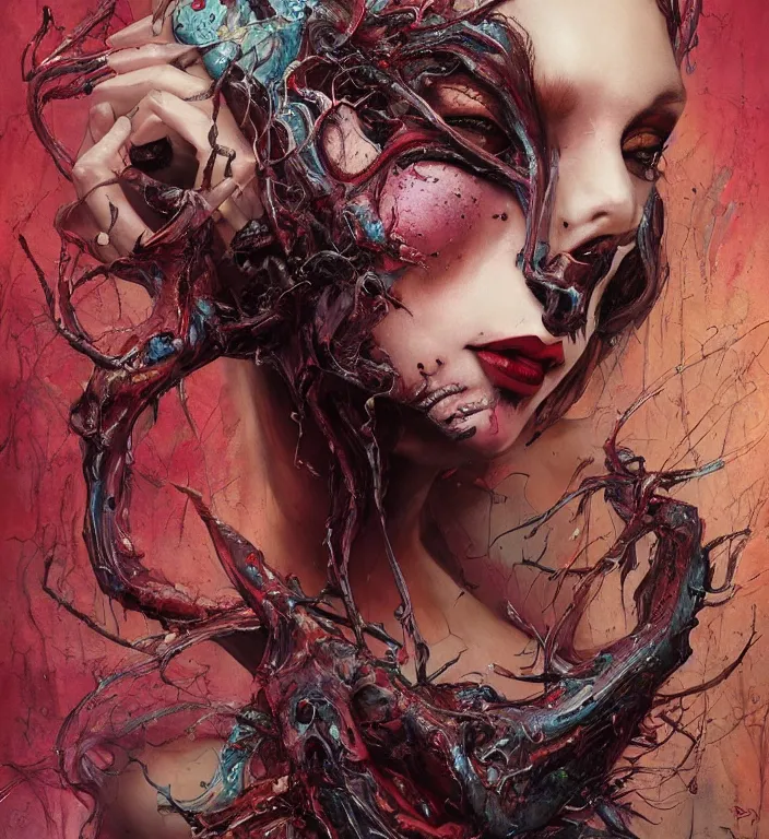 Image similar to a dream portrait of a gorgeous succubus dancing, beautiful, terrifying, melting, webbing, 8 k, by tristan eaton, stanley artgerm, tom bagshaw, greg rutkowski, carne griffiths, ayami kojima, beksinski, giger, trending on deviantart, face enhance, hyper detailed, minimalist, horror, full colour