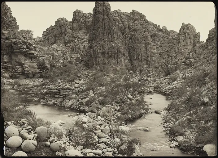 Image similar to Overlook of a river flowing through a cactus forest and rock formations, albumen silver print by Timothy H. O'Sullivan.