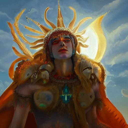 Image similar to paimon invades the body of the sun god midsommar, oil painting, ultradetailed, artstation, ultradetailed, digital painting, ultradetailed