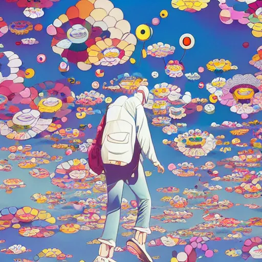 Image similar to a man walking on clouds away from the camera above kyoto by takashi murakami, beeple and james jean, aya takano color style, 4 k, super detailed, modern, 4 k, symmetrical