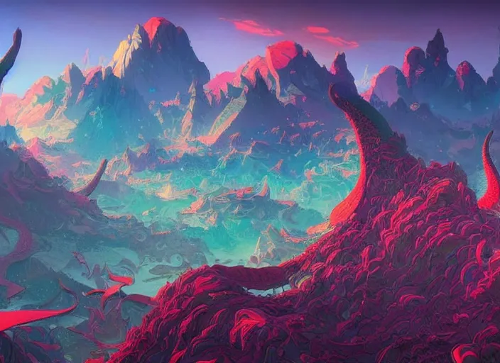 Prompt: psychedelic art of a landscape made of dragons, thousands of dragons, detailed, cel shaded, by makoto shinkai and moebius and anton fadeev and james gurney