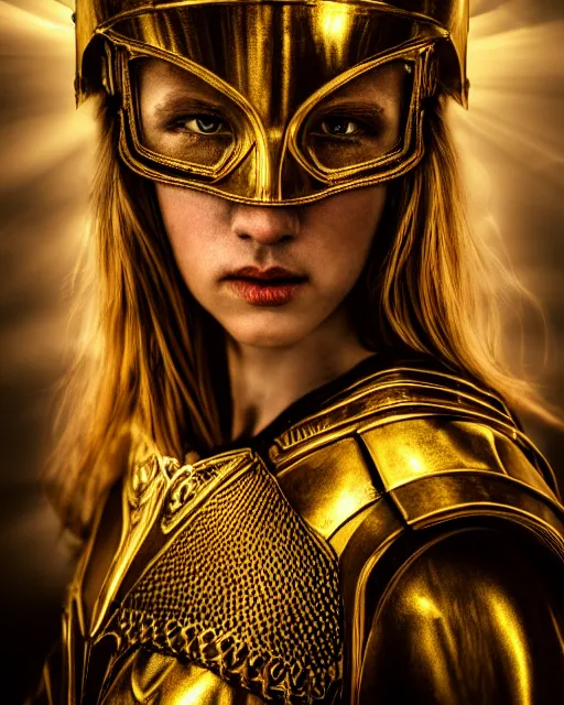 Prompt: award winning photograph portrait of woman in shining golden armor, photorealistic, shaded, cinematic lighting, high production value, intricate details, high resolution, hdr, high definition, masterpiece, realistic, ultrarealistic, highly detailed, hd, sharp focus, non blurry, sharp, smooth