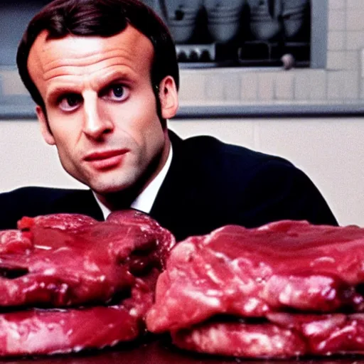 Image similar to Emmanuel Macron cooking fresh bloody meat in American Psycho (1999)