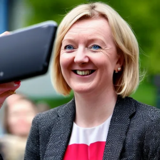 Image similar to a smiling Liz Truss takes a selfie as a nuclear bomb explodes behind her