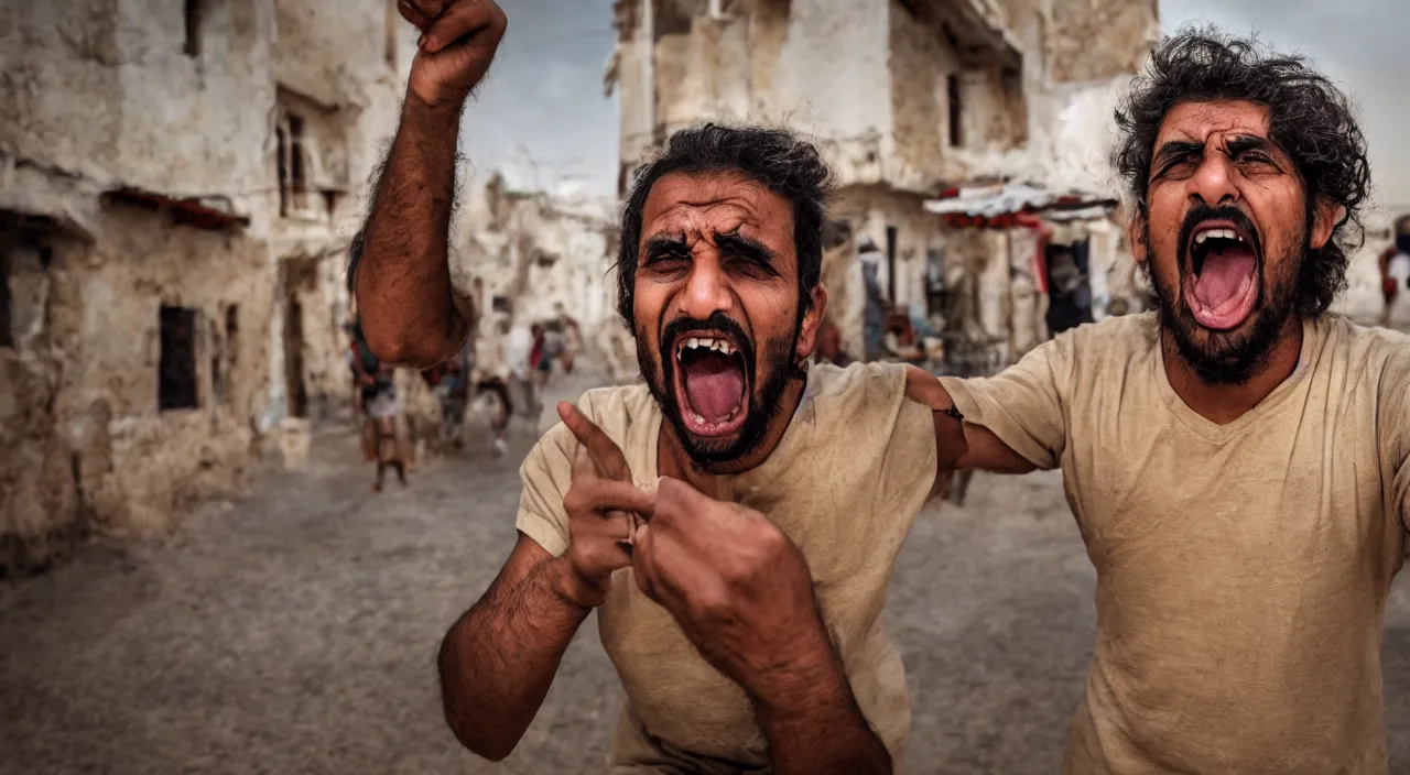 Image similar to a tunisian man, with a brown and shorts hairtcut, screaming at pictures of countries, vivid colors, soft lighting, atmospheric, cinematic, moody, 8 k