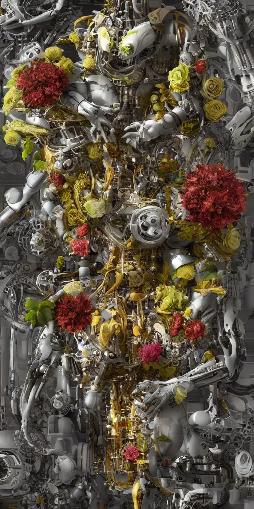 Image similar to a lovely mechanical cornucopia of flowers and human body parts, scifi, futuristic, utopian, machine parts, body parts, wires, circuits, highly detailed, octane render, cinematic