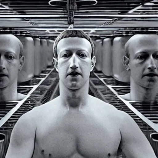 Image similar to mark zuckerberg sitting in front of his clones growing inside a vat of protein fluid. They are inside the cloning med bay of an alien ship. From the movie Alien IV directed by David Fincher.