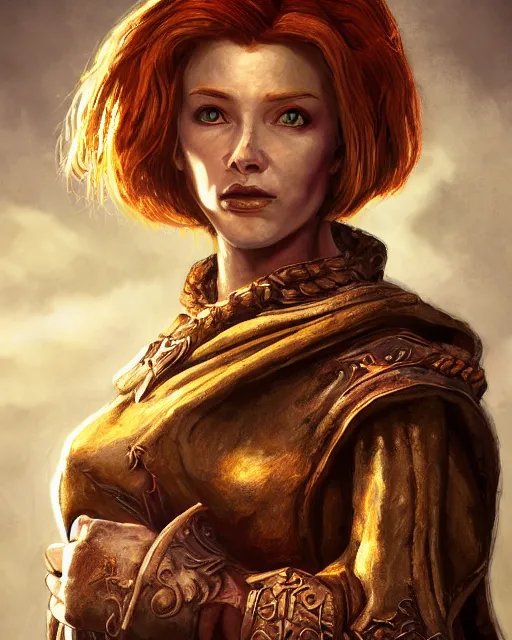 Image similar to the elder scrolls vi, charismatic rugged female redhead breton mage portrait, illustration, rim light, top light, perfectly shaded, golden hour, epic, intricate, soft painting, art by mark kent, jordan lamarre - wan, igor kieryluk, maxim verehin, miranda meeks