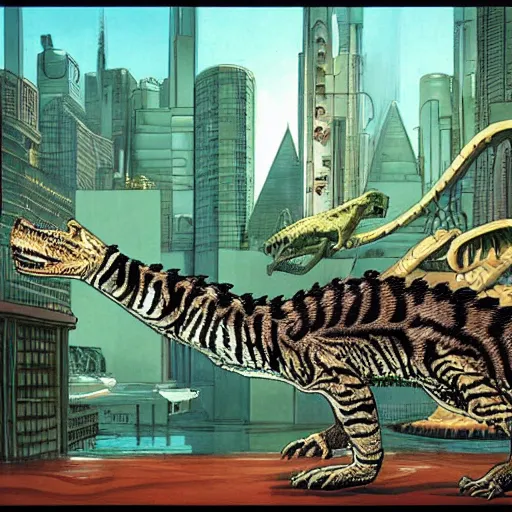 Image similar to a hybrid animal half crocodile and half tiger, futuristic city scape, rule of thirds, painting by moebius