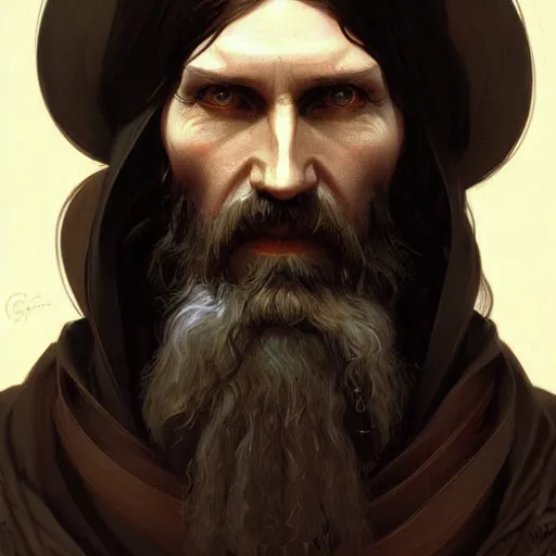 Image similar to Grigori Rasputin, D&D, fantasy, intricate, elegant, highly detailed, digital painting, artstation, concept art, matte, sharp focus, illustration, art by Artgerm and Greg Rutkowski and Alphonse Mucha