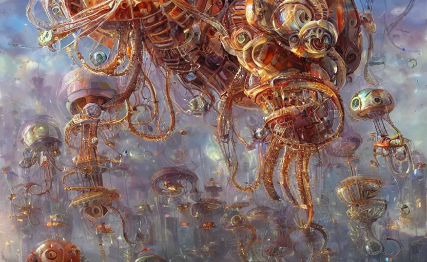 Image similar to Cyborg biomechanical jellyfish city. By Konstantin Razumov, highly detailded