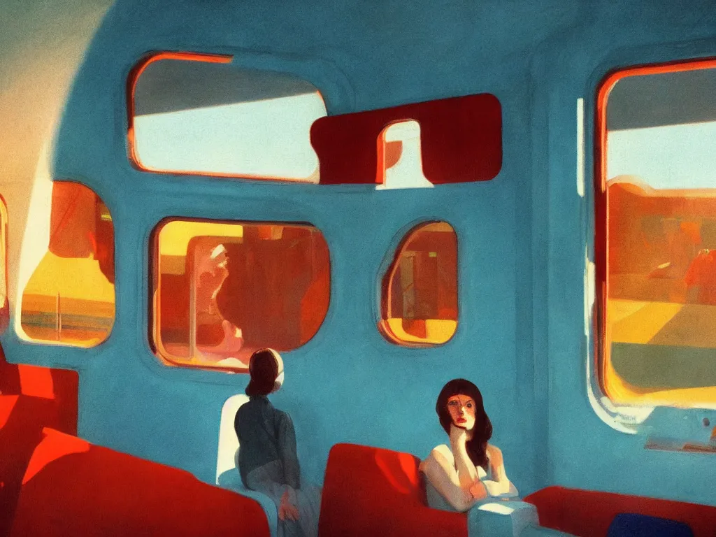 Prompt: lone girl waiting inside a 70s train in a half remembered dream, stanley kubrick the shinning, vibrant colors americana, cinematic, volumetric lighting, god rays, sunset, realistic, detailed, ultra wide angle view, painting in the style of Edward Hopper