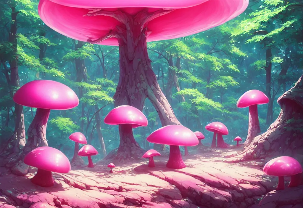 Image similar to futuristic giant pink mushrooms in a forest, intricate oil painting, high detail illustration, sharp high detail, manga and anime 1 9 9 9, official fanart behance hd artstation by jesper ejsing and makoto shinkai, 4 k,