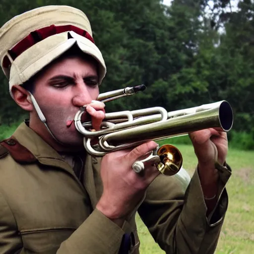 Prompt: A gypsy paratrooper with rifle blowing his trumpet