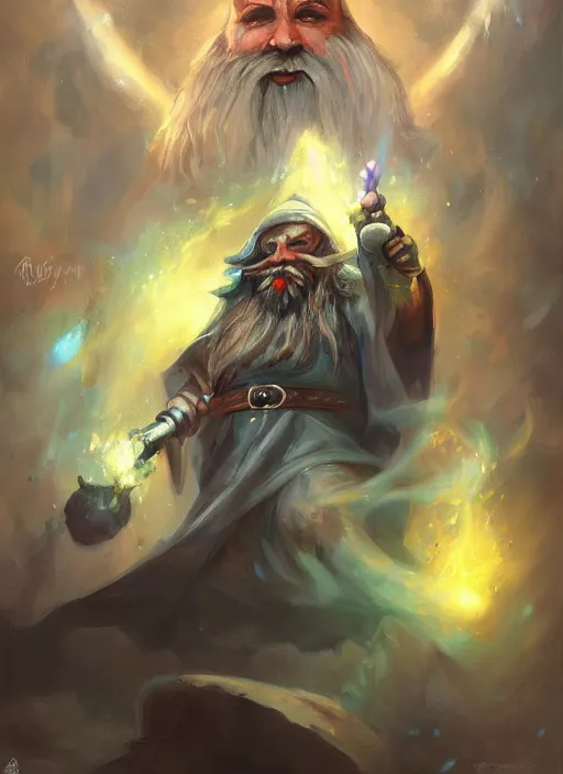 Prompt: wondrous gnome wizard painted by raymond swanland