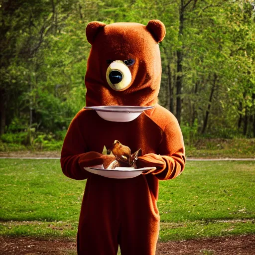 Prompt: a grumpy human man wearing a bear costume, holding a goldfish bowl, photography, 4 k