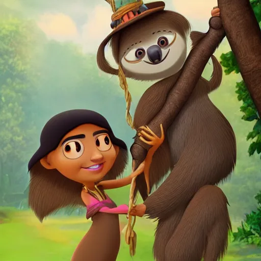 Prompt: a beautiful young indian cottagecore witch holds a cute sloth, disney animation, highly detailed