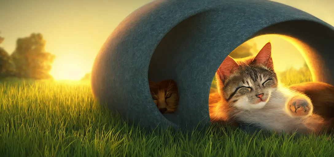 Prompt: a cute cat sleeping on the grass inside a tunel at sunset, godrays, complementary colors, warm lighting, raytracing, highly detailed, high quality, 4k HDR, concept art, octane render, unreal engine 5, high coherence, calm, relaxing, beautiful landscape, serene