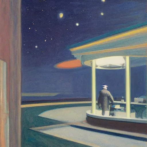 Prompt: Generated by Midjounery: James Webb\'s photographs of the depths of the universe, Edward hopper style, beautiful galaxies