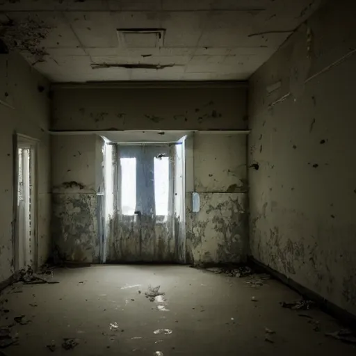 Prompt: A hand reaches from the floor in a dilapidated hospital, glowing from the ceiling