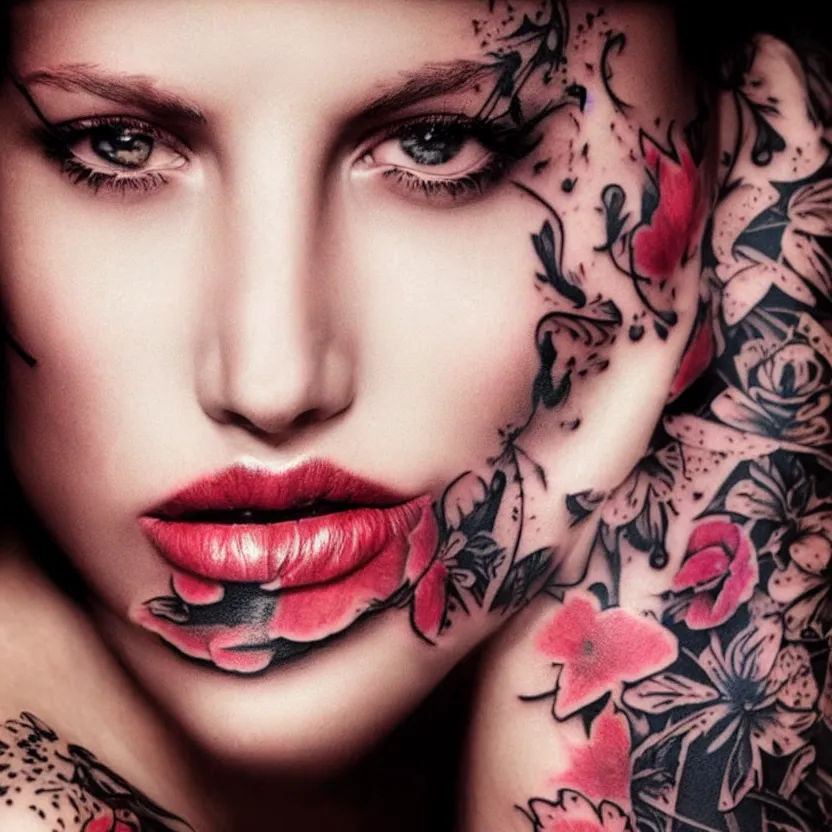 Prompt: photorealistic poster of the face of a beautiful woman with tatoos