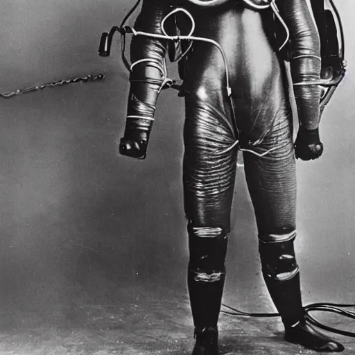 Image similar to photo of a diver wearing an old diving suit holding an electric guitar. detailed. colorized