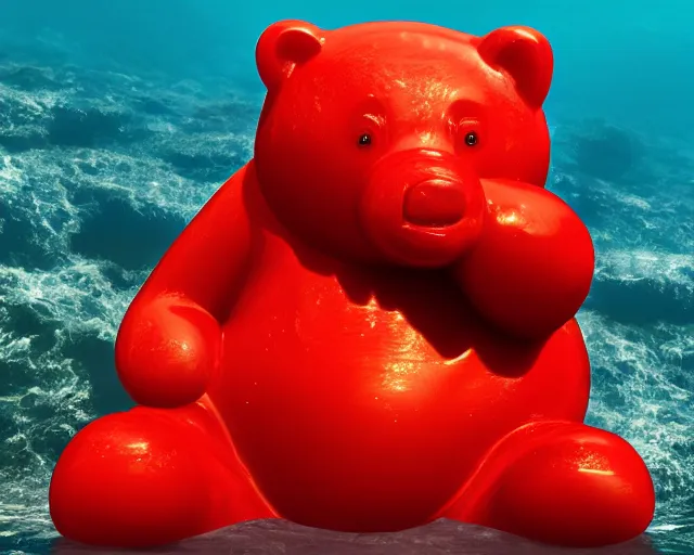 Prompt: a giant sculpture of a giant gummy bear on the surface of the ocean, award winning, hyper - realistic, very detailed, realistic water, ray tracing, 8 k resolution, long - shot, sharp focus, low angle, 8 5 mm photograph, wide lens