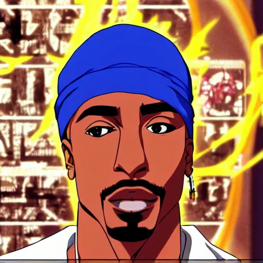 Image similar to Tupac Shakur, screenshot from a 2012s anime