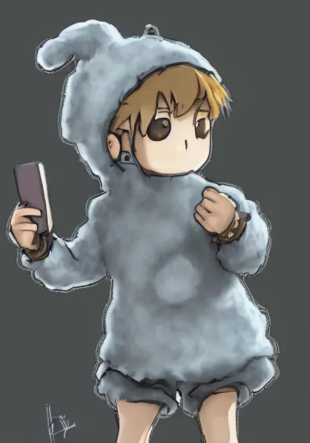 Image similar to little boy wearing sheep suit using a smartphone, gray, blue, green and brown pallet color. made in abyss art style, inspired in kris from deltarrune, cute detailed artwork, anatomically correct, soft details, ligh, reflection