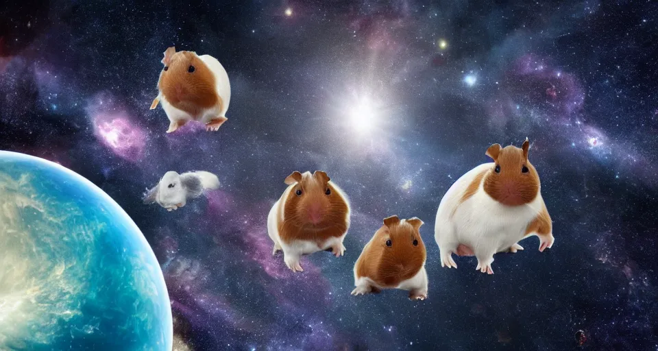 Image similar to ultra realistic guineapigs floating in space suits floating in space, 4 k, 8 k, nebula, universe, many stars, space station