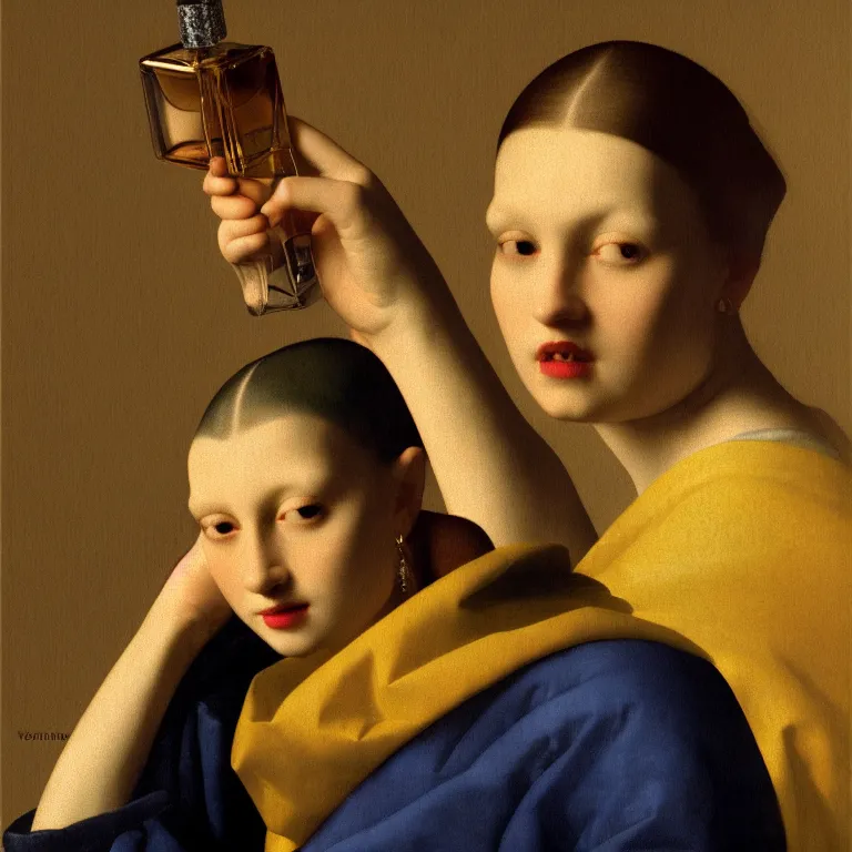 Image similar to portrait fragrance packshot by vermeer, highly detailed, saturated colors, fashion