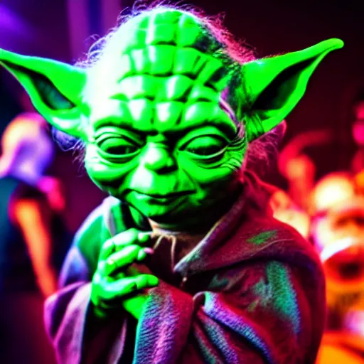 Prompt: Yoda at a rave, highly detailed, high quality, HD, 4k, 8k, Canon 300mm, professional photographer, 40mp, lifelike, top-rated, award winning, realistic, sharp, no blur, edited, corrected, trending