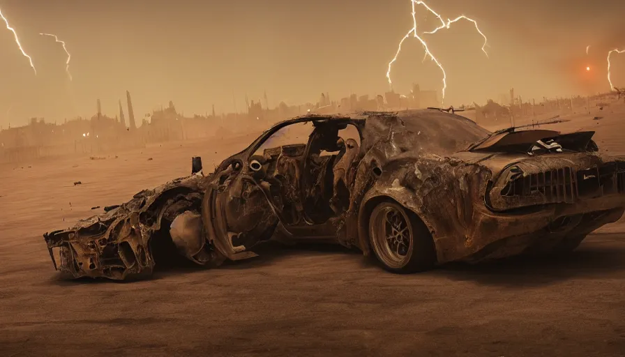 Image similar to destroyed brussels in mad max, race in the streets, sandstorm, lightning, hyperdetailed, artstation, cgsociety, 8 k