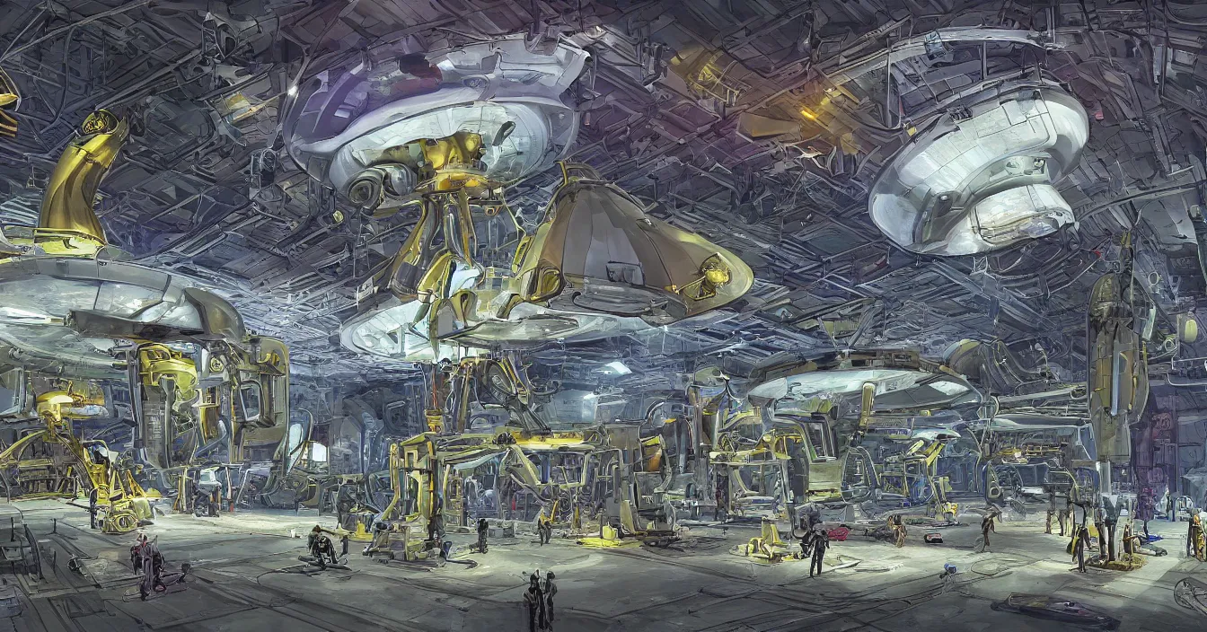 Prompt: Interior of the hall in area 55, full of alien military equipment, engineers working on flying saucers, high detail, wide perspective, saturated colors, digital art, amazing concept art