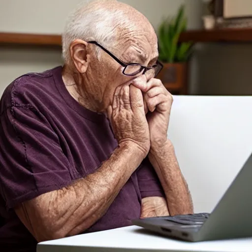 Prompt: elderly man sitting inside the casket browsing internet on laptop from a casket casket, award winning photo
