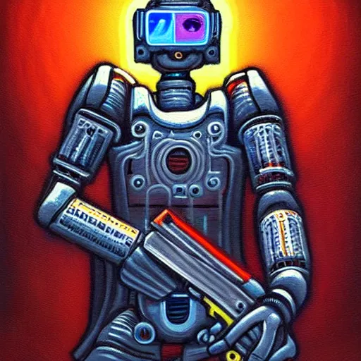 Prompt: beautiful detailed religious oil painting of robotic cyberpunk jesus with a gun in a neon city