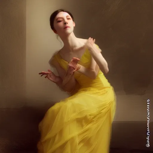 Image similar to a woman in a yellow organza dress dancing, intricate, elegant, realistic, smooth, sharp focus, rim light, illustration, by ruan jia and mandy jurgens and william - adolphe bouguereau, artgerm