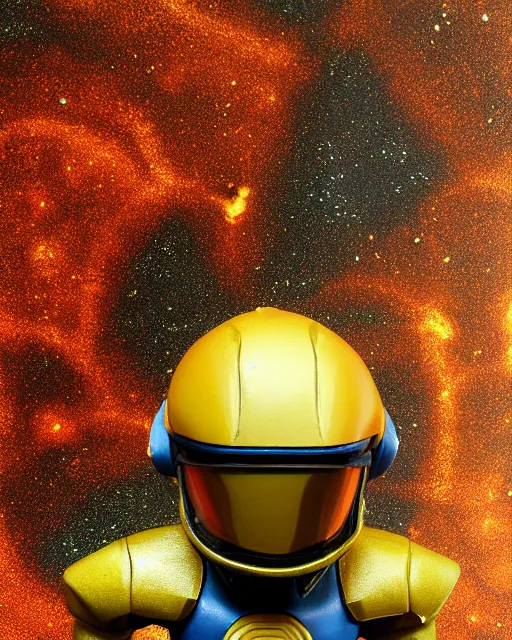 Image similar to tetradic galaxy cosmic space - opera diorama bg. helmet portrait of a figurine of samus aran's orange chozo varia power suit from the sci - fi nintendo videogame metroid. designed by hiroji kiyotake, gene kohler and rodney brunet. metroid zero mission. metroid prime. glossy. masterpiece. intricate cybertronics. shallow depth of field.