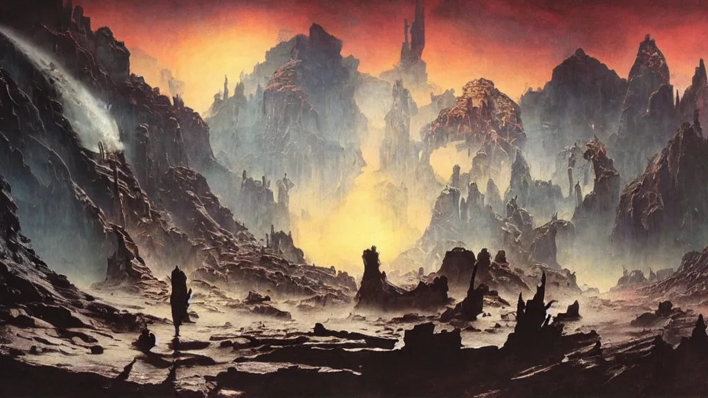 Image similar to journey to the center of the earth by frank frazetta and bruce pennington, cinematic matte painting