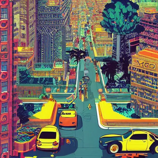 Image similar to crazy taxi real life by victo ngai and michaelangelo