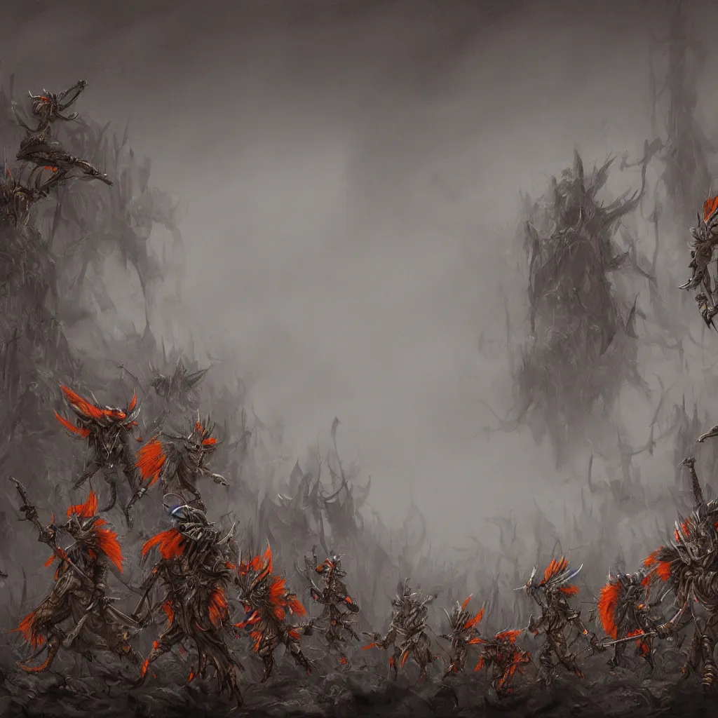 Image similar to a row of soldiers in the mist, dense fog ashigaru aztec mice with feather plumes, dramatic cinematic lighting, menacing, detailed concept painting trending on art station, by brian froud, by deak ferrand, grey, blue, orange-red