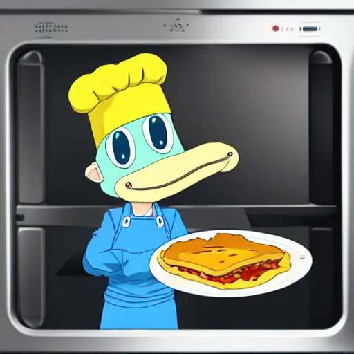 Prompt: anime style cute platypus on a kitchen wearing a chef hat and holding a lasagna into an oven, anime style, 3 d, chibi style