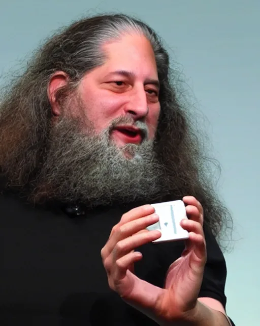 Prompt: Richard Stallman demonstrates the new iPhone during Apple keynote presentation