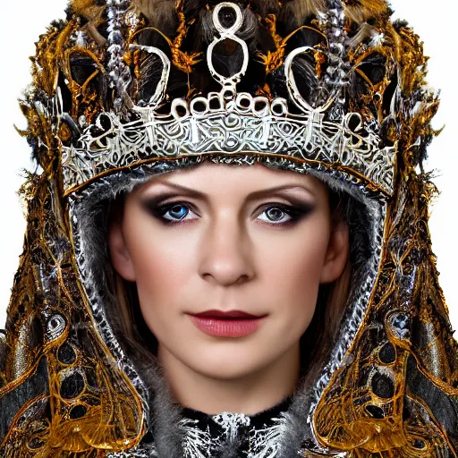 Image similar to portrait photograph of a very beautiful nordic queen with ornate cloak, highly detailed, 4k, HDR, smooth, sharp, focus, hyper realistic, high resolution, award-winning photo, bokeh, graflex camera, super resolution