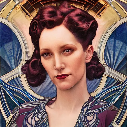 Image similar to an art nouveau, ( streamline moderne ), multi - racial portrait in the style of donato giancola and anna dittmann and charles dulac. very large, clear, expressive, and intelligent eyes. symmetrical, centered, ultrasharp focus, dramatic lighting, photorealistic digital matte painting, intricate ultra detailed background.