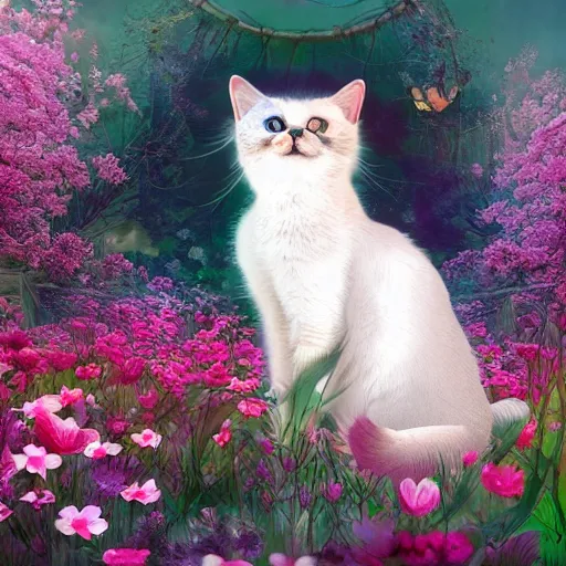 Image similar to photo of a cat in the blossoming garden, cat and flower, trending on artstation, super detailed, everything in a beautiful light, stylishly designed background, fantasy art, photoshop