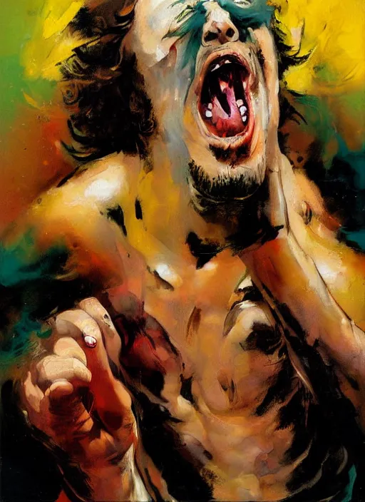 Image similar to bloated red faced sam hyde, screaming, painting by phil hale, fransico goya,'action lines '!!!, graphic style, visible brushstrokes, motion blur, blurry